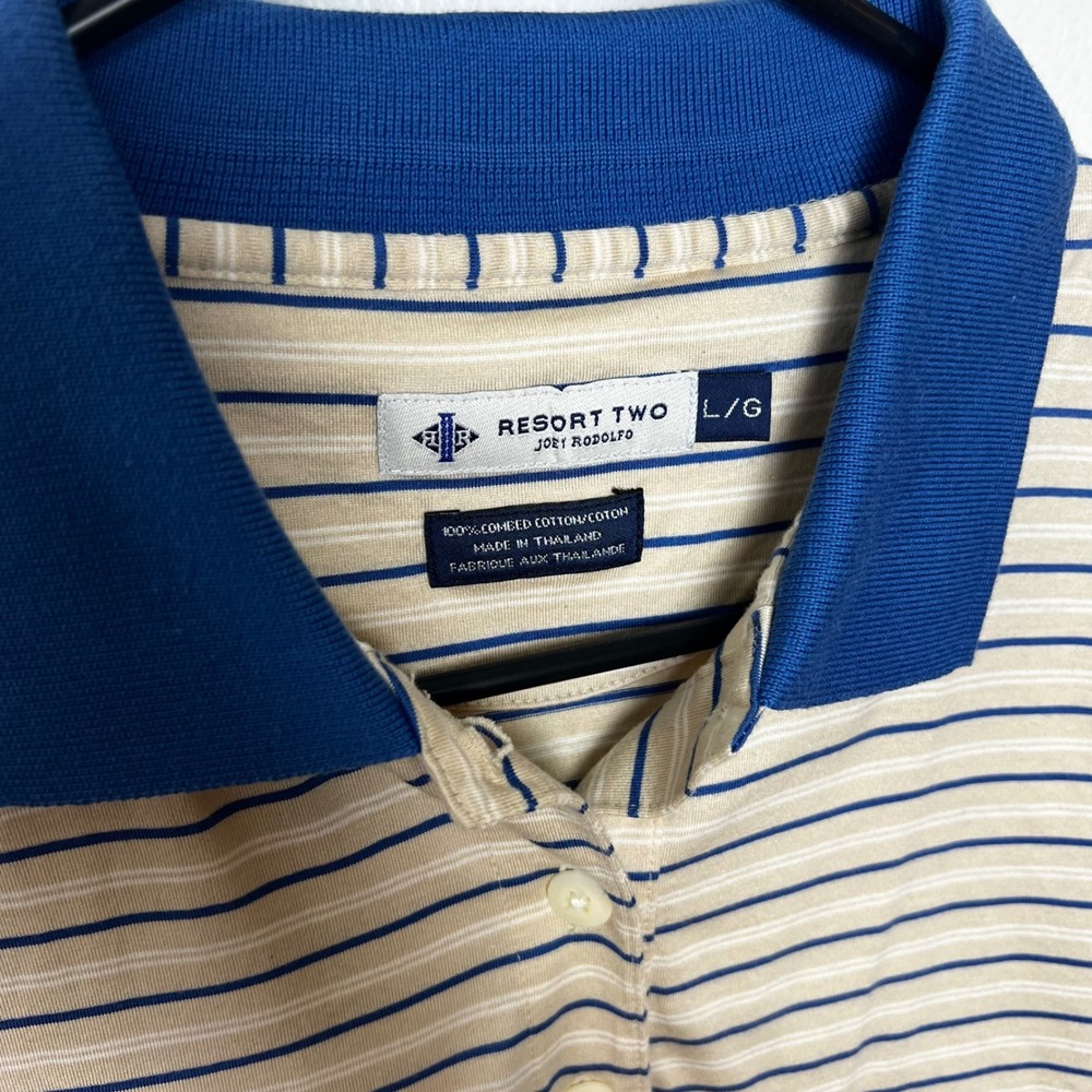 Joey Rodolfo Resort‎ Two Mens Striped Polo Shirts Set of 2 Tan Blue Cream L VTG - Picture 4 of 13